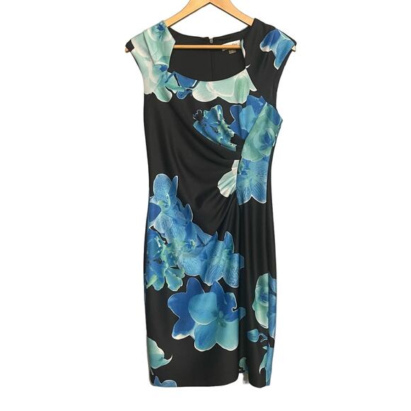Calvin Klein Dress Black Blue Floral Ruched Waist Sleeveless Scuba‎ Sheath Sz 6 - Picture 1 of 8